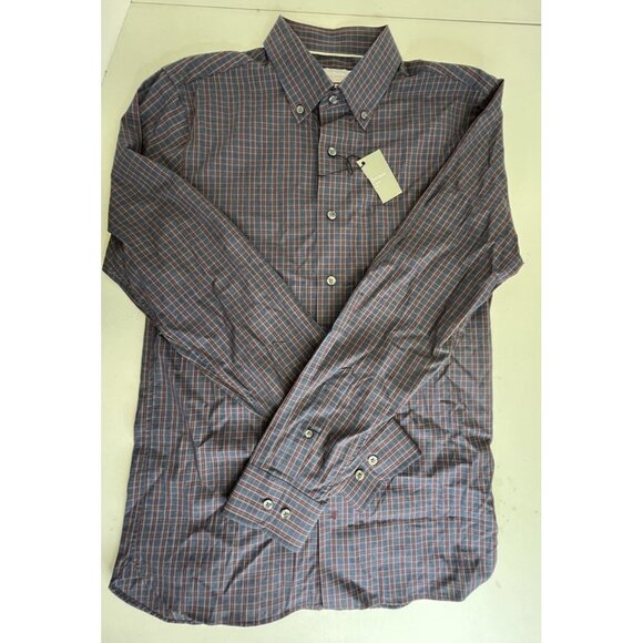 NWT Hickey Freeman Cotton Button Front Shirt Blue Red Plaid Sz Small Long Sleeve - Picture 1 of 14